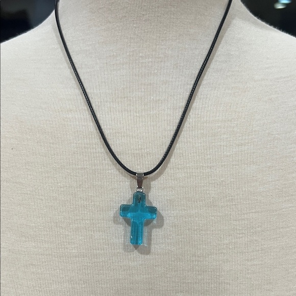 Aqua Cross Resin Pendant Necklace - Picture 4 of 5